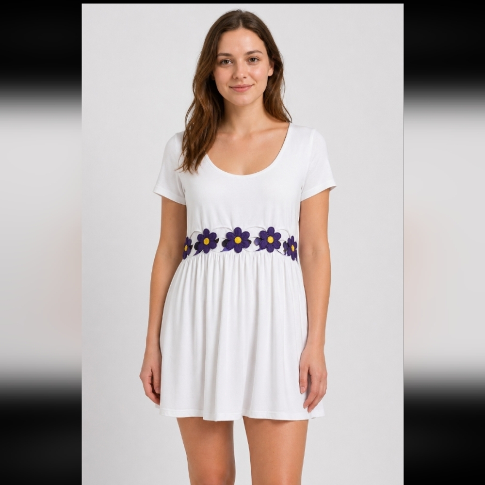 TOBI White Stretchy Exposed Midriff Purple Flower Patches Medium Summer Dress